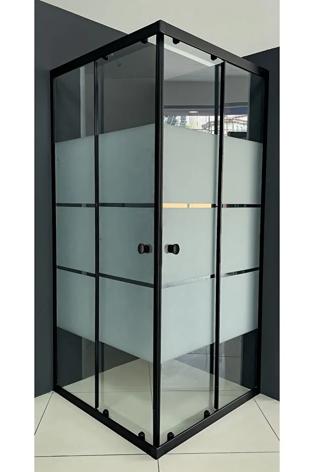 Kare Siyah Profil Kumlama Box Desen Temperli Cam Duşakabin